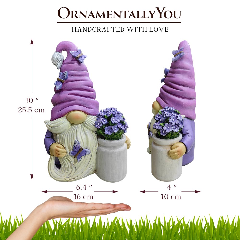 Garden Grace Lavender Gnome Figurine, 10" Purple Home Decor Statue with Butterflies and Flowers
