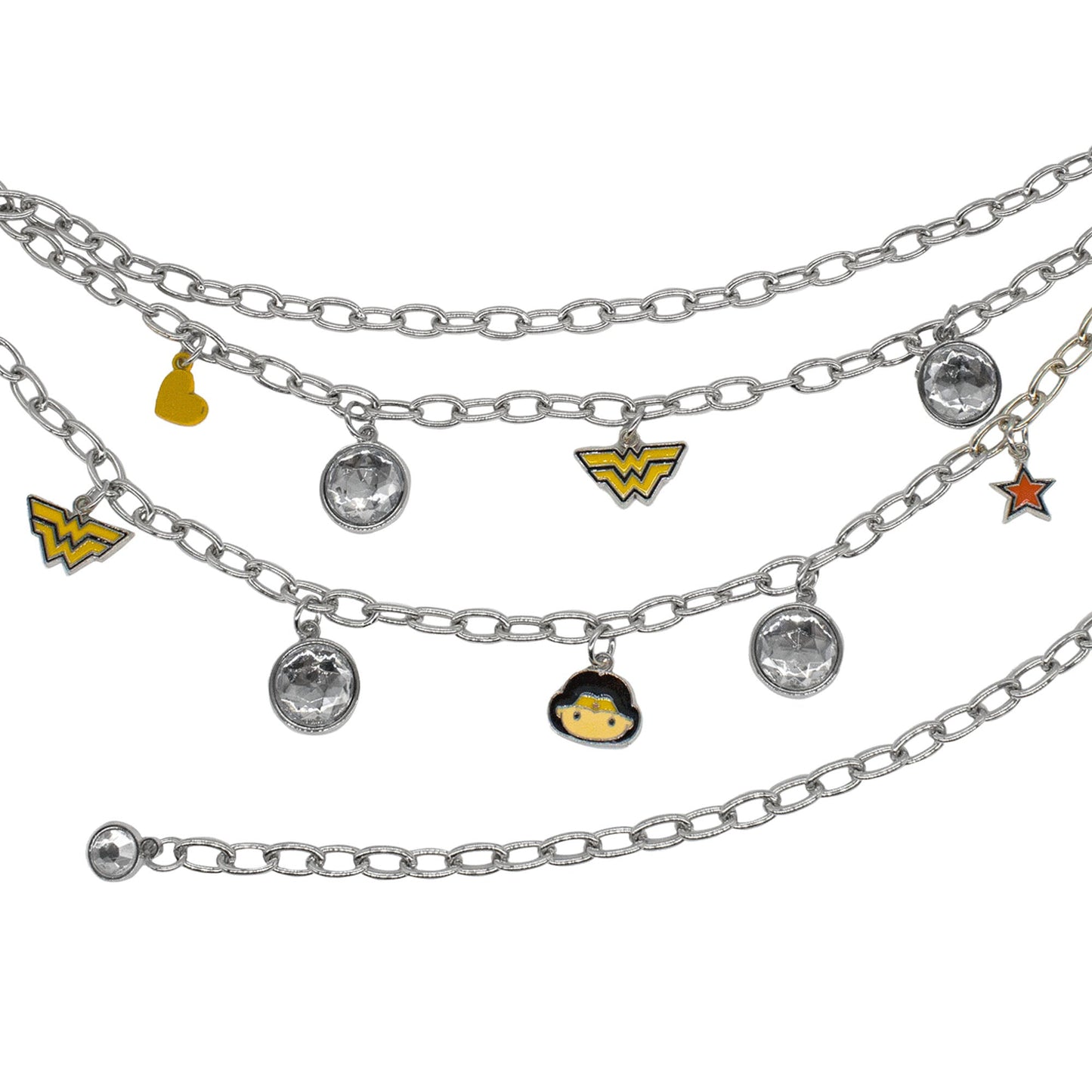 Metal Chain Belt - Silver Chain with Wonder Woman Chibi Face and Logo Charms