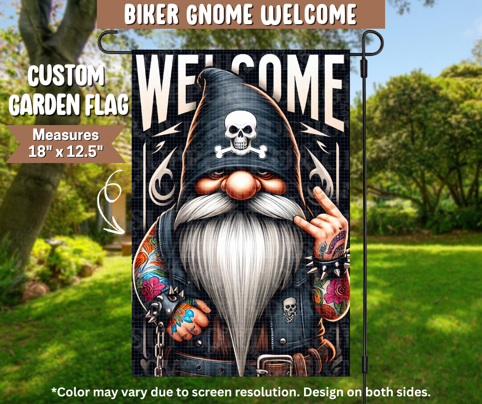 Biker Gnome Welcome Garden Flag