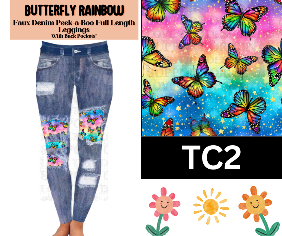 Butterfly Rainbow Faux Denim Full Length Peekaboo Leggings