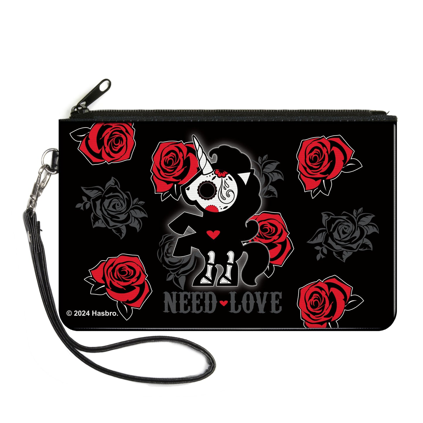 Canvas Zipper Wallet - LARGE - Skelanimals Bonita the Unicorn NEED LOVE Pose Black/Gray/Red/White