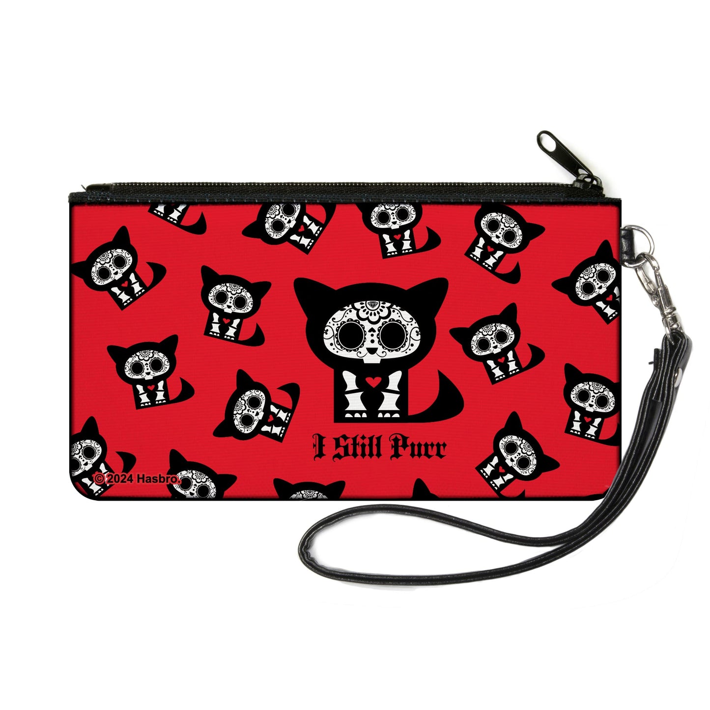Canvas Zipper Wallet - SMALL - Skelanimals Kit the Cat I STILL PURR Pose Red/Black/White