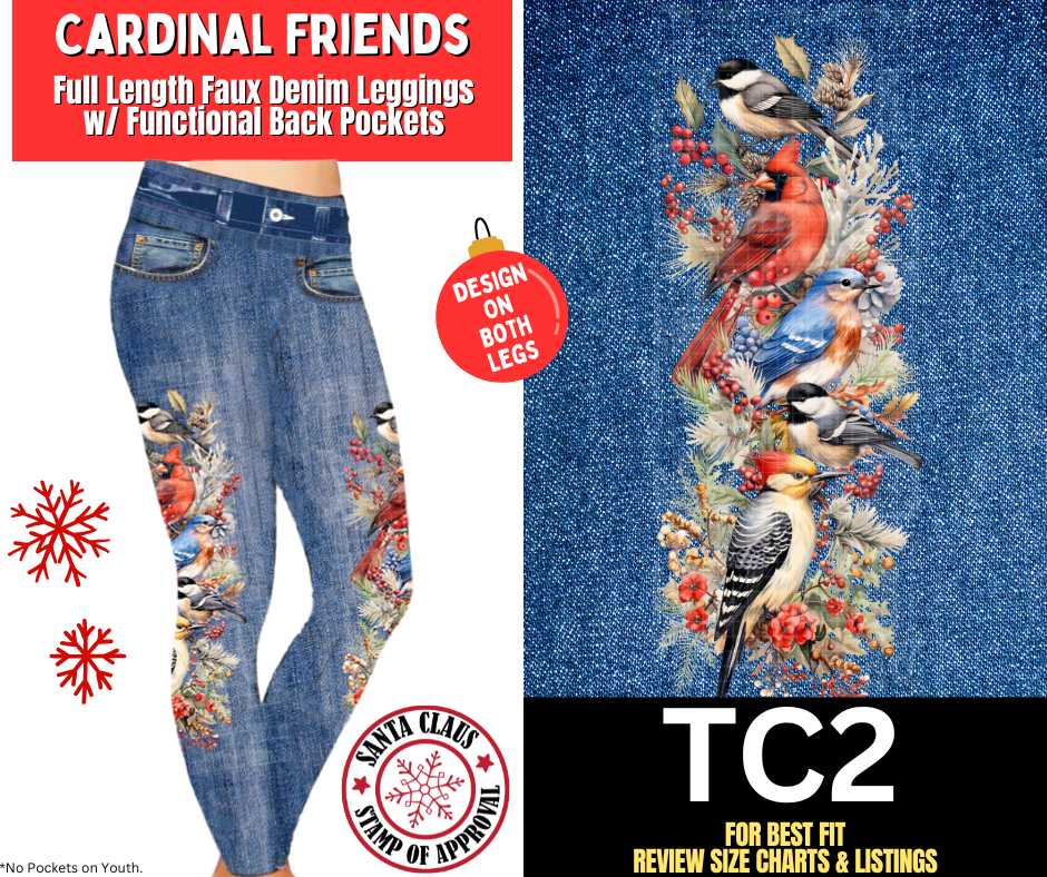 Cardinal Friends Faux Denim w/ Side Leg Designs Fleece Leggings