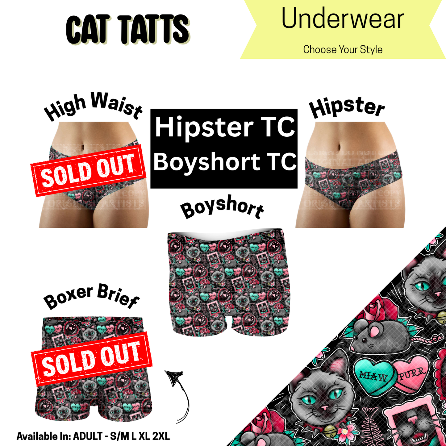 Cat Tatts Hipster, Boyshort Underwear