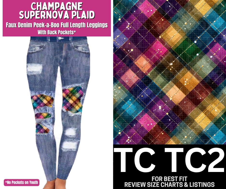 Champagne Supernova Plaid Faux Denim Full Length Peekaboo Leggings
