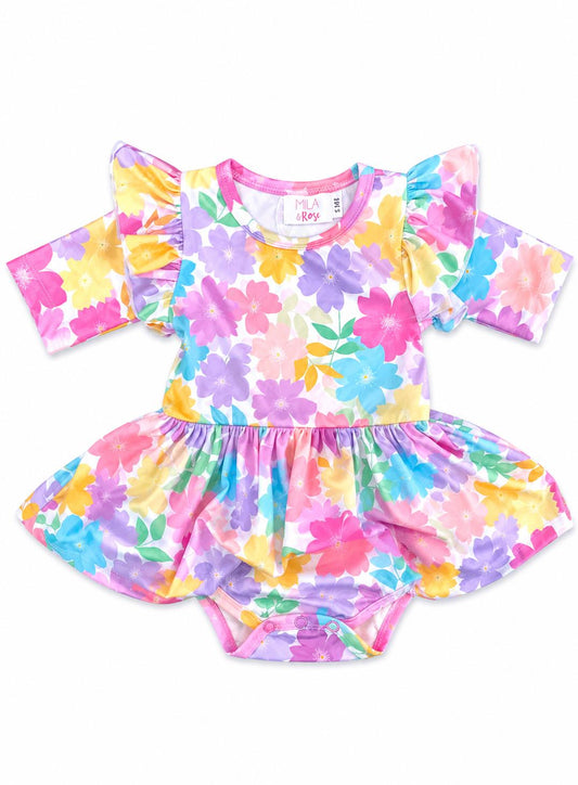 Colorful Carnations 3/4 Sleeve Flutter Twirl Bodysuit