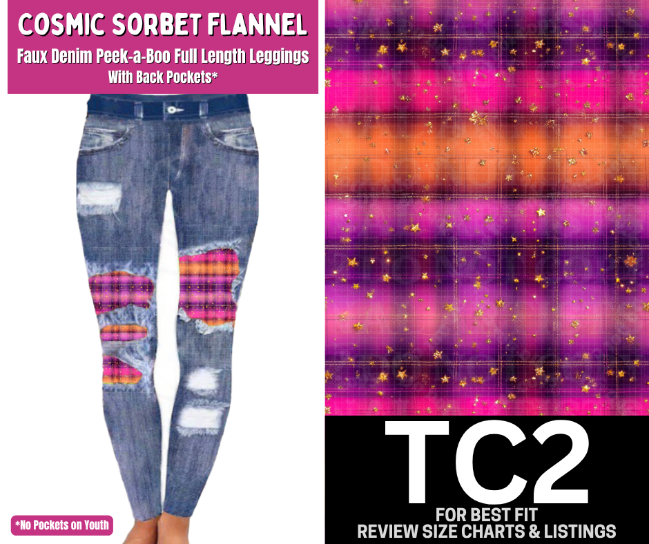 Cosmic Sorbet Flannel Faux Denim Full Length Peekaboo Leggings