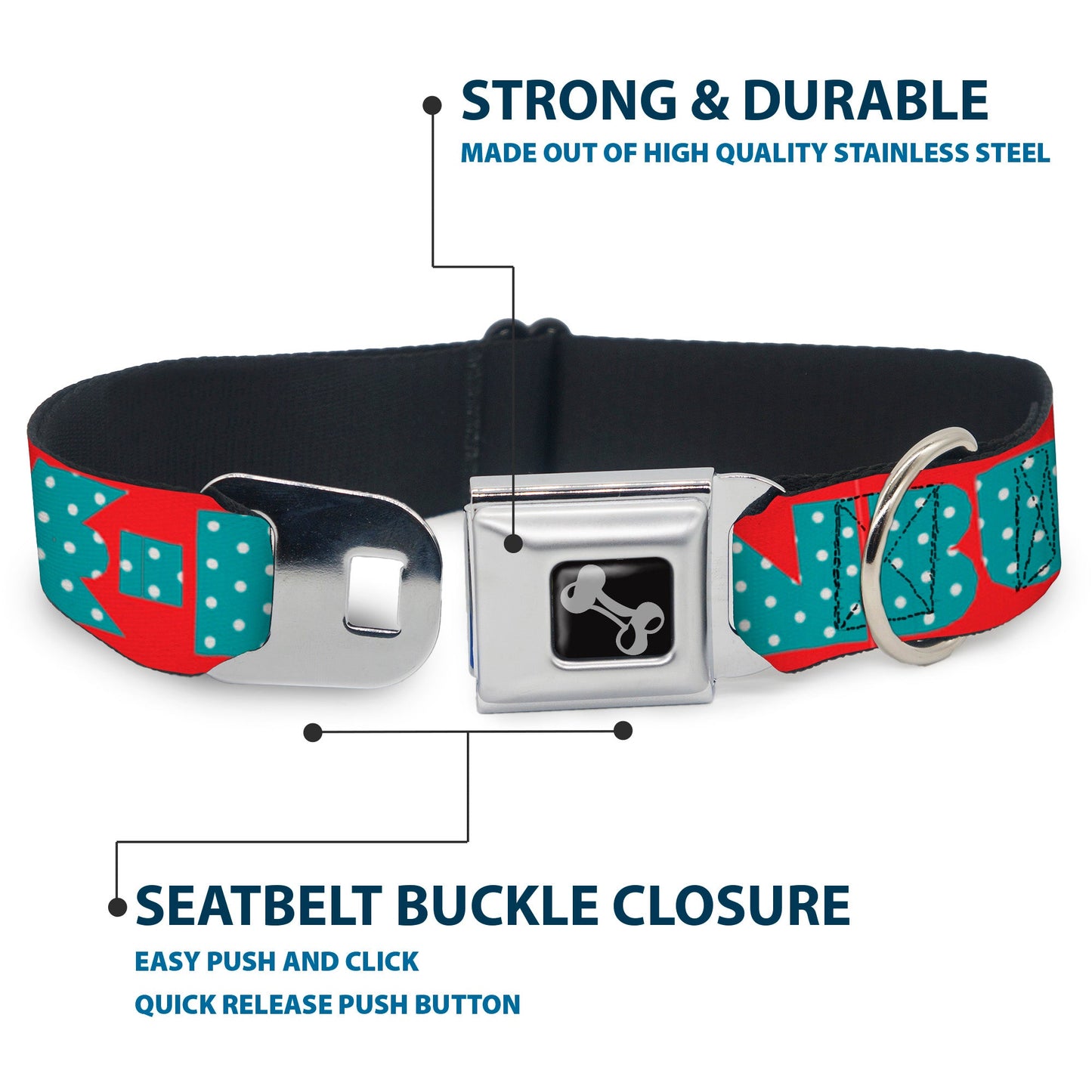 Dog Bone Seatbelt Buckle Collar - BUCKLE-DOWN Shapes Red/Dot Turquoise/White