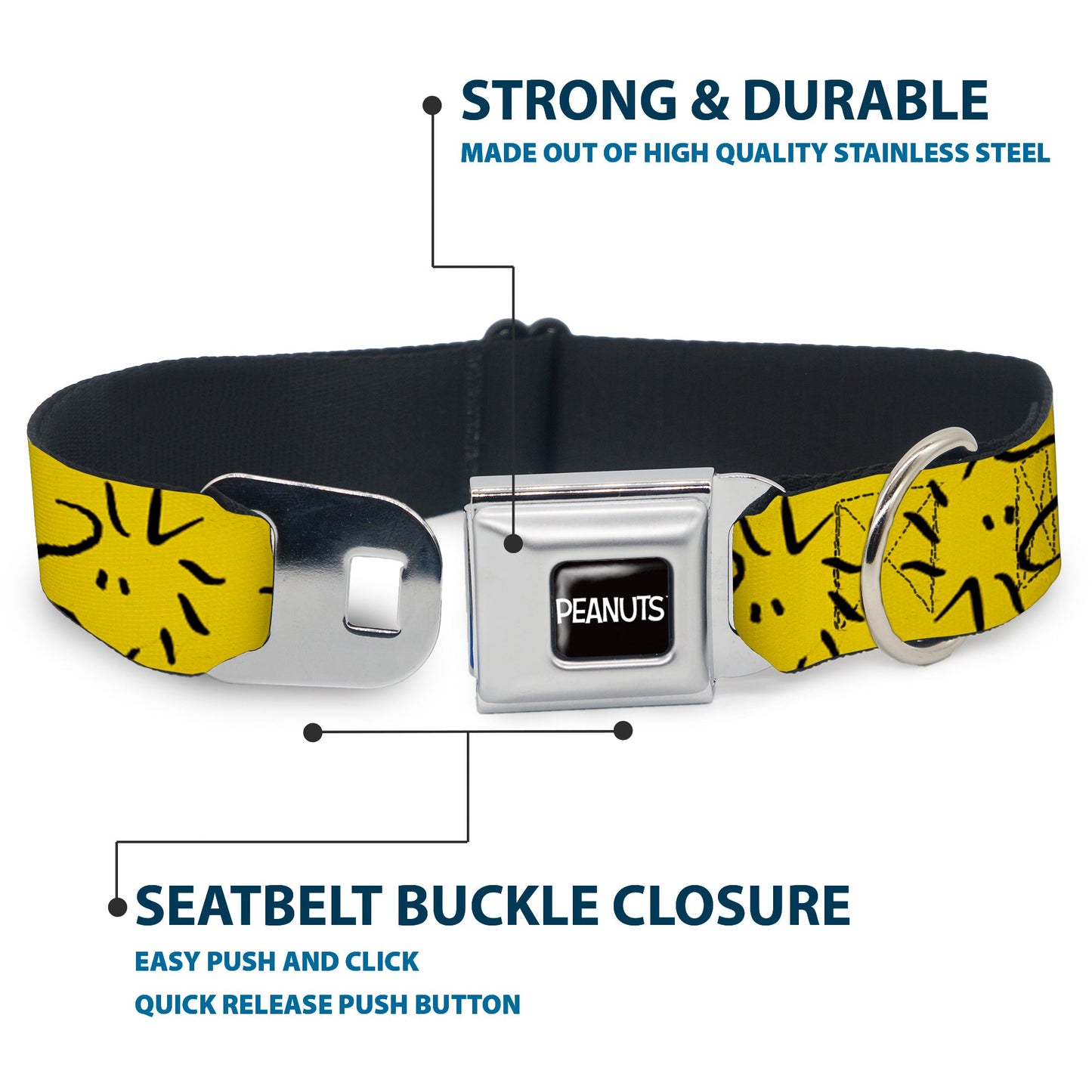 PEANUTS Title Logo Full Color Black/White Seatbelt Buckle Collar - Peanuts Woodstock Line Face Line Art Yellow/Black