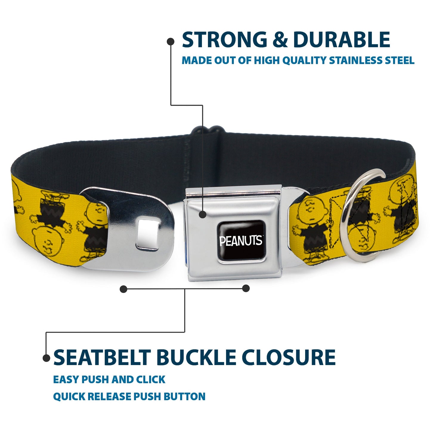 PEANUTS Title Logo Full Color Black/White Seatbelt Buckle Collar - Peanuts Charlie Brown Pose Flip Yellow/Black