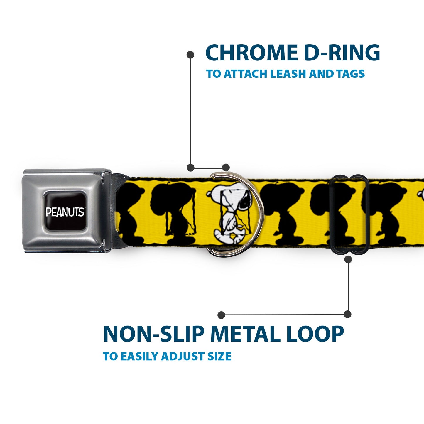 PEANUTS Title Logo Full Color Black/White Seatbelt Buckle Collar - Peanuts Snoopy Walking/Silhouette Pose Yellow/Black/White