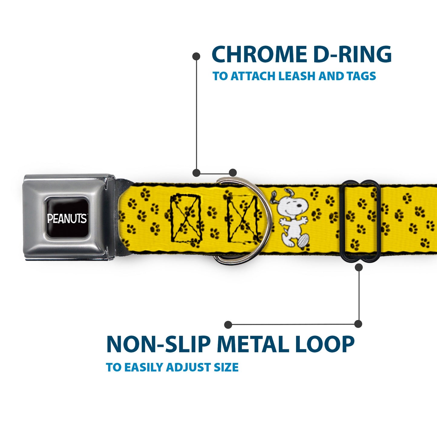 PEANUTS Title Logo Full Color Black/White Seatbelt Buckle Collar - Peanuts Snoopy Smiling Pose/Paw Print Yellow/Black/White