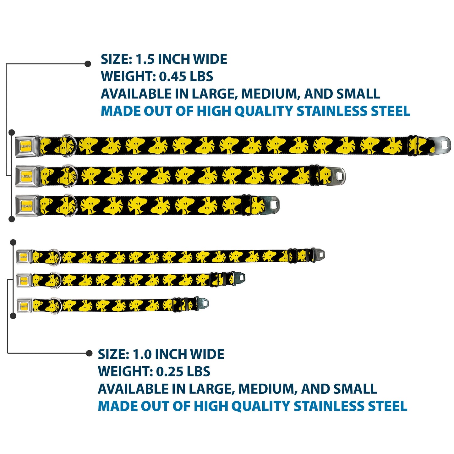 PEANUTS Title Logo Full Color Yellow/White Seatbelt Buckle Collar - Peanuts Woodstock Face Flip Black/Yellow