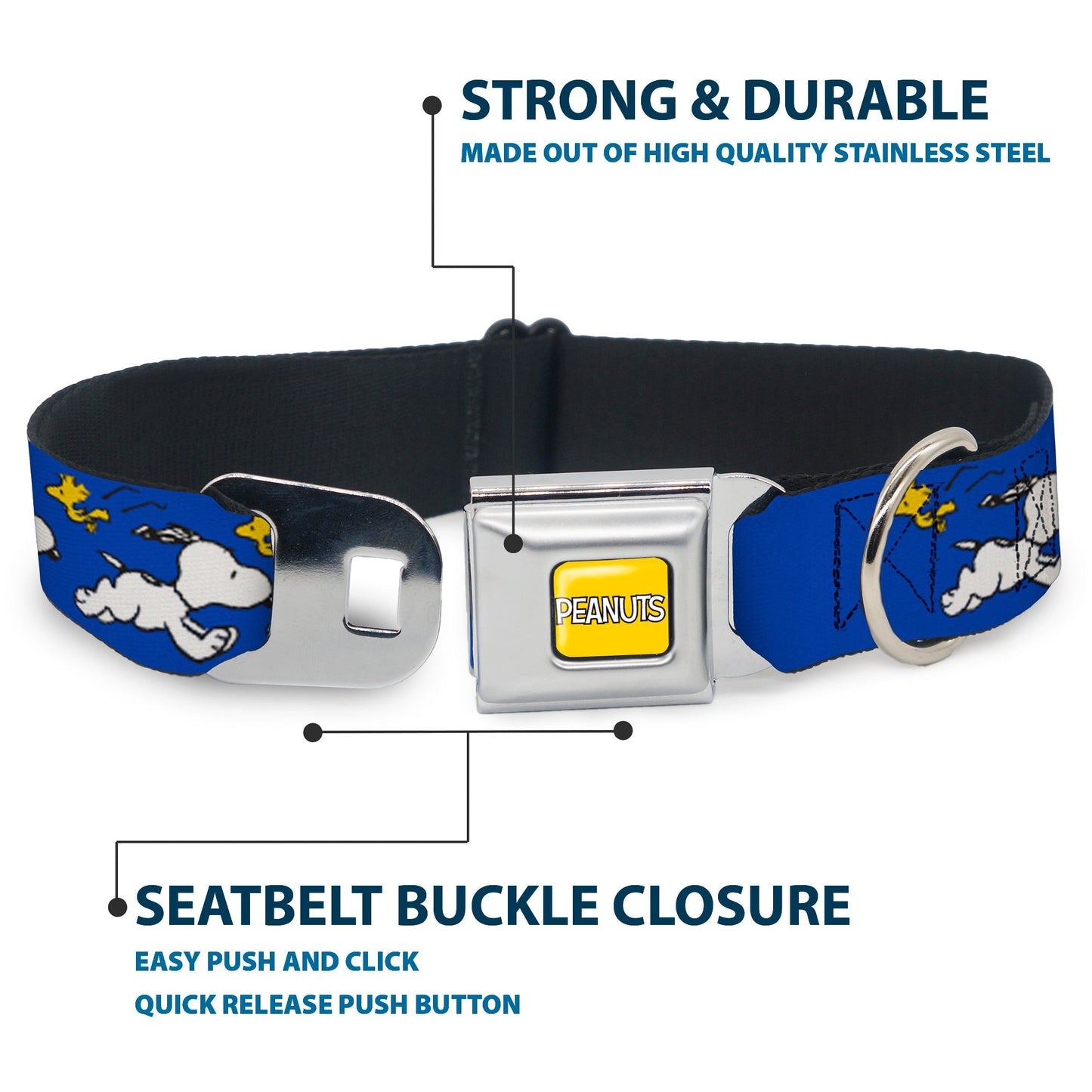PEANUTS Title Logo Full Color Yellow/White Seatbelt Buckle Collar - Peanuts Snoopy Running and Woodstock Pose Blue