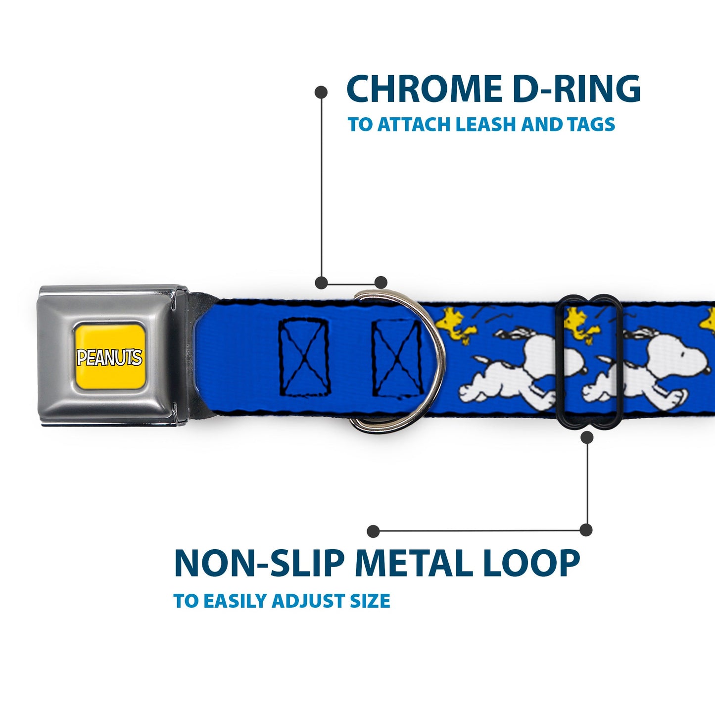 PEANUTS Title Logo Full Color Yellow/White Seatbelt Buckle Collar - Peanuts Snoopy Running and Woodstock Pose Blue