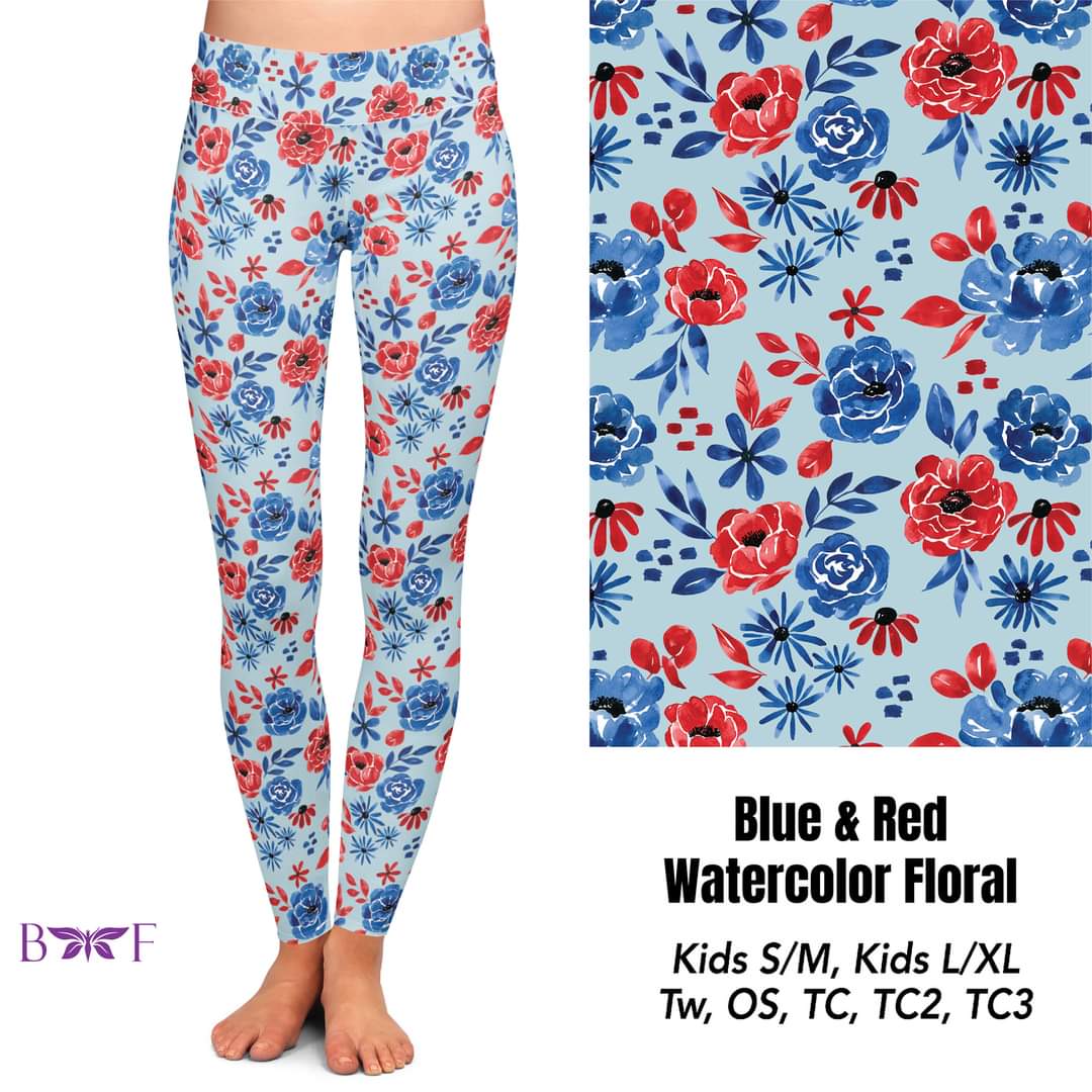 Blue & Red Watercolor Floral Capris