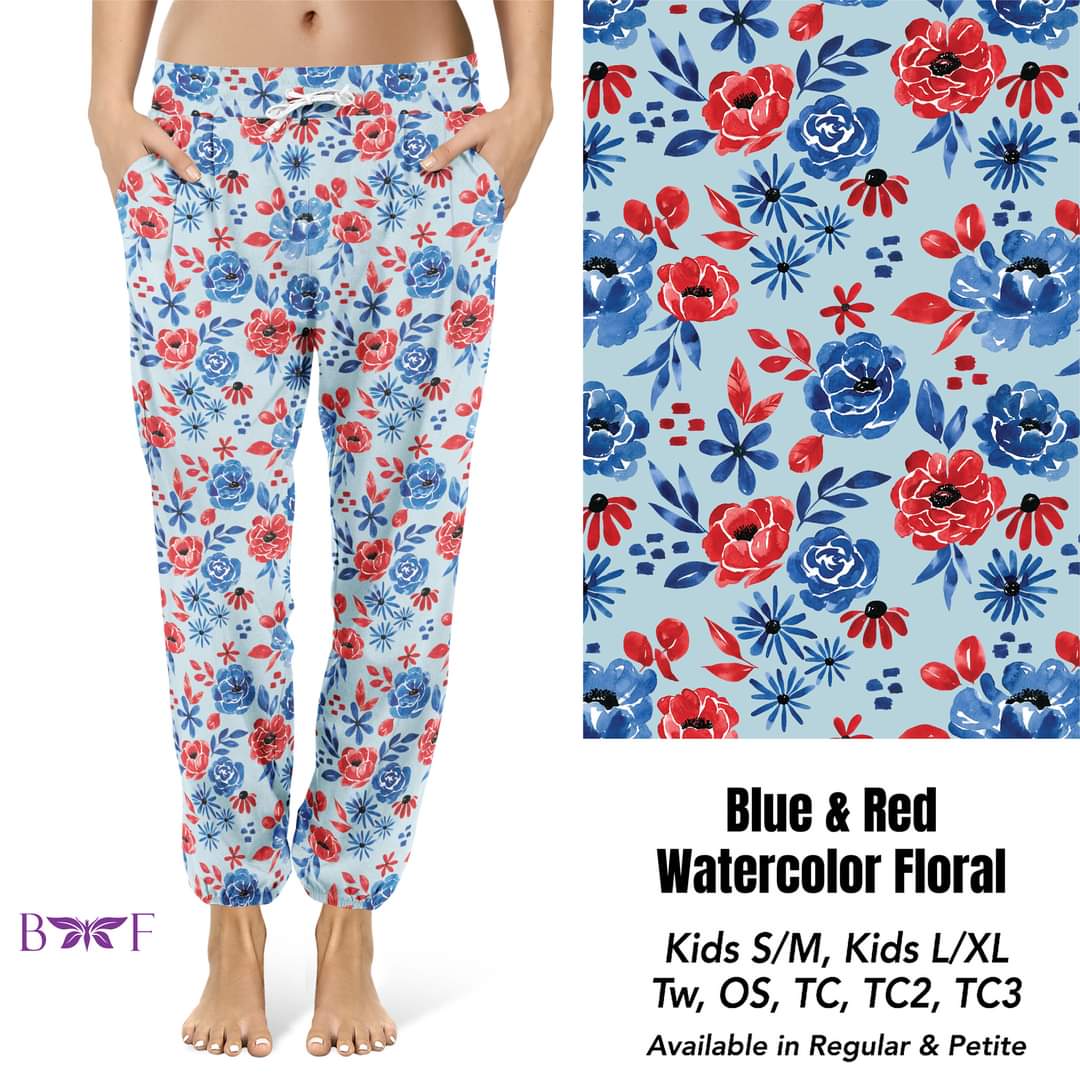 Blue & Red Watercolor Floral Capris