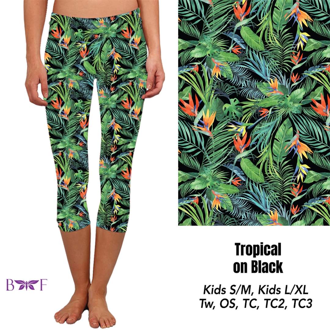 Tropical On Black Leggings, Capris, and Bike Shorts
