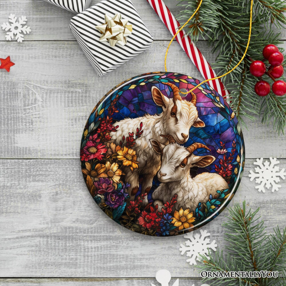 Elegant Goat Stained Glass Theme Ceramic Ornament, Billy Buck and Doe Mountain Animal Decor
