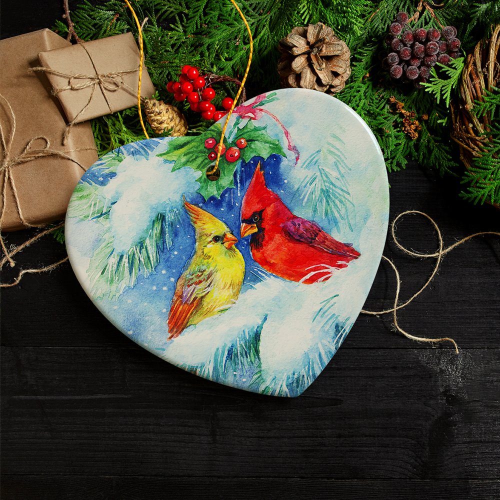 Watercolor Cardinal Mistletoe Romance Christmas Ornament