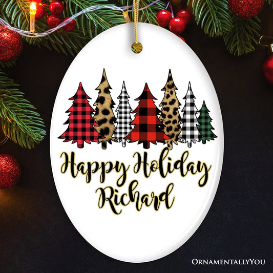 Merry Christmas Buffalo Plaid and Leopard Cheetah Trees Personalized Ornament