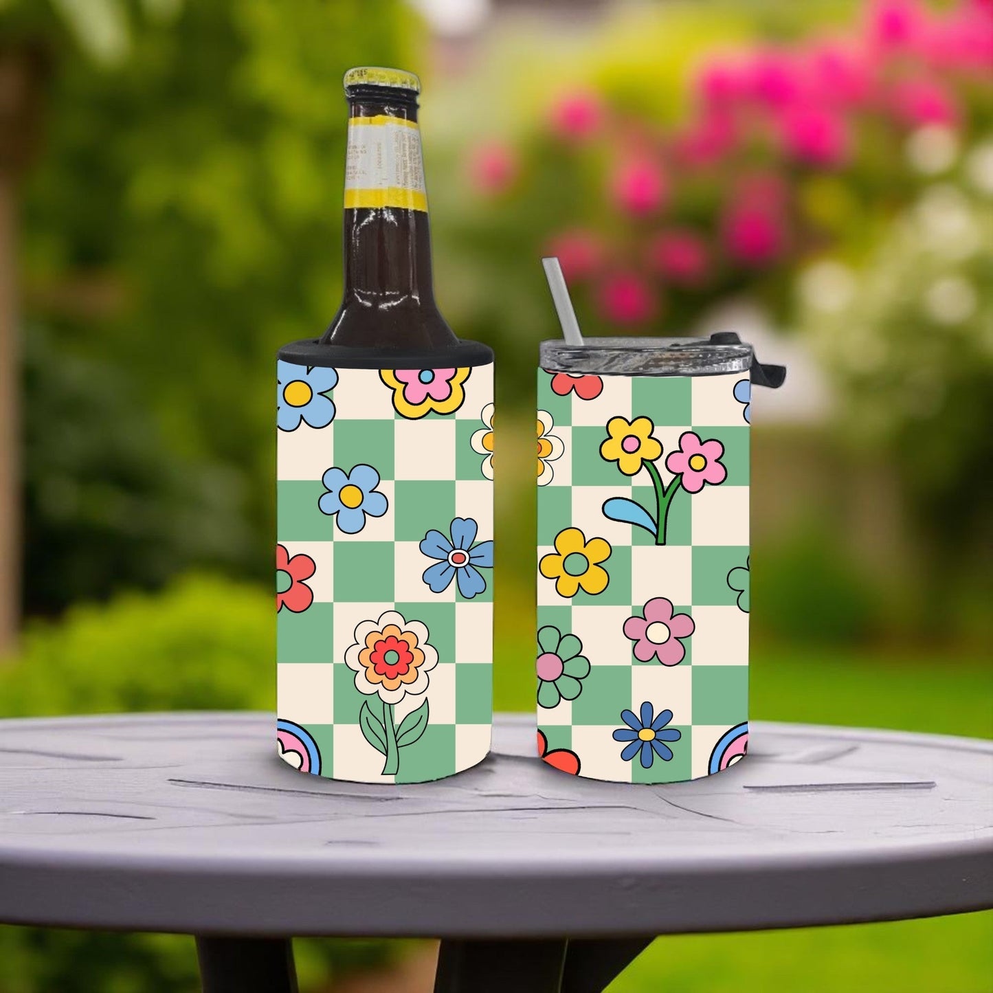 Flower Patch Checkers 4-in-1 Can Cooler Cup