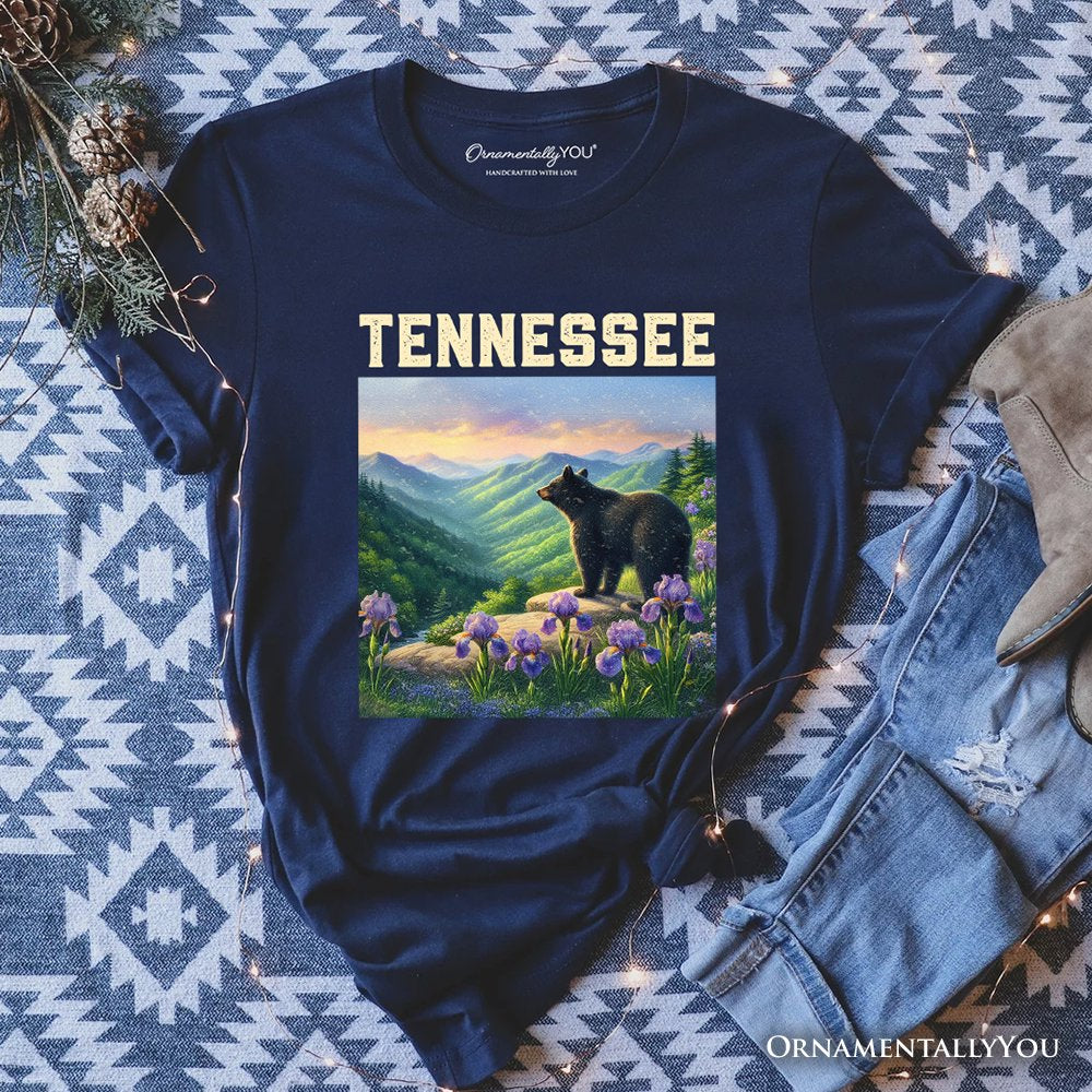 Scenic Tennessee State Great Smoky Mountains T-Shirt, Black Bear and Wildflower Nature Tee and Travel Souvenir