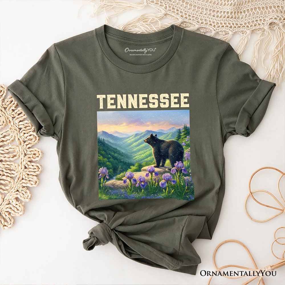 Scenic Tennessee State Great Smoky Mountains T-Shirt, Black Bear and Wildflower Nature Tee and Travel Souvenir