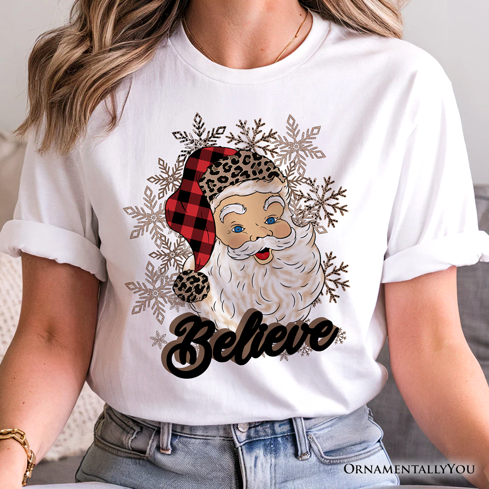 Believe Santa Buffalo Plaid T‑Shirt, Retro Christmas Tee