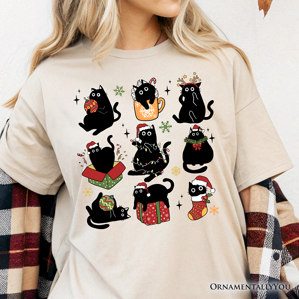 Christmas Black Cats T‑Shirt, Whimsical Cats with Santa Hat Tee