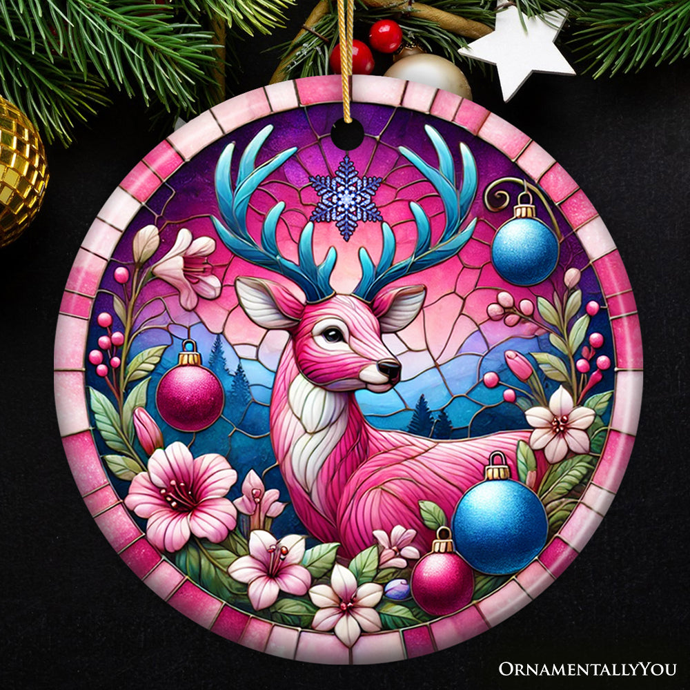 Mystical Yuletide Deer Pink Themed Ornament, Elegant Christmas Tree Decor