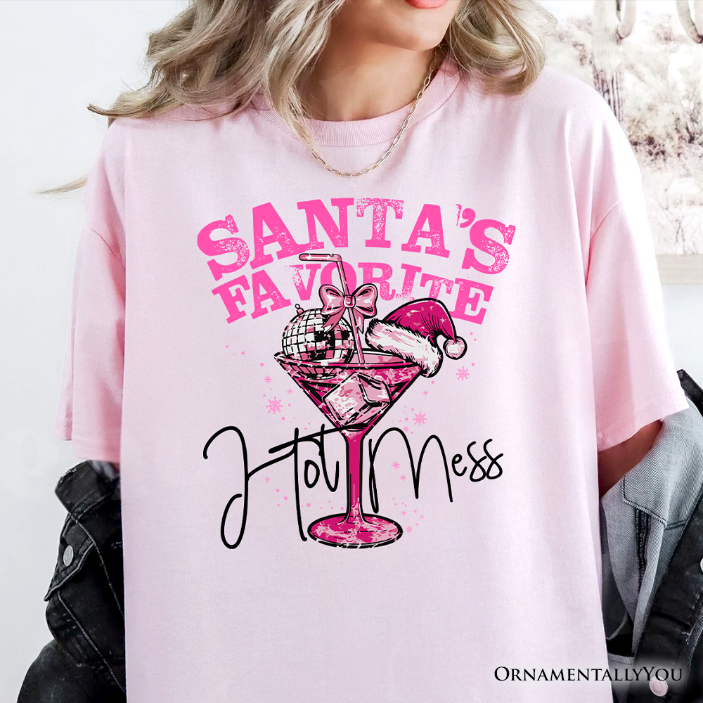 Santa’s Favorite Hot Mess T‑Shirt, Pink Martini Retro Disco Christmas Tee