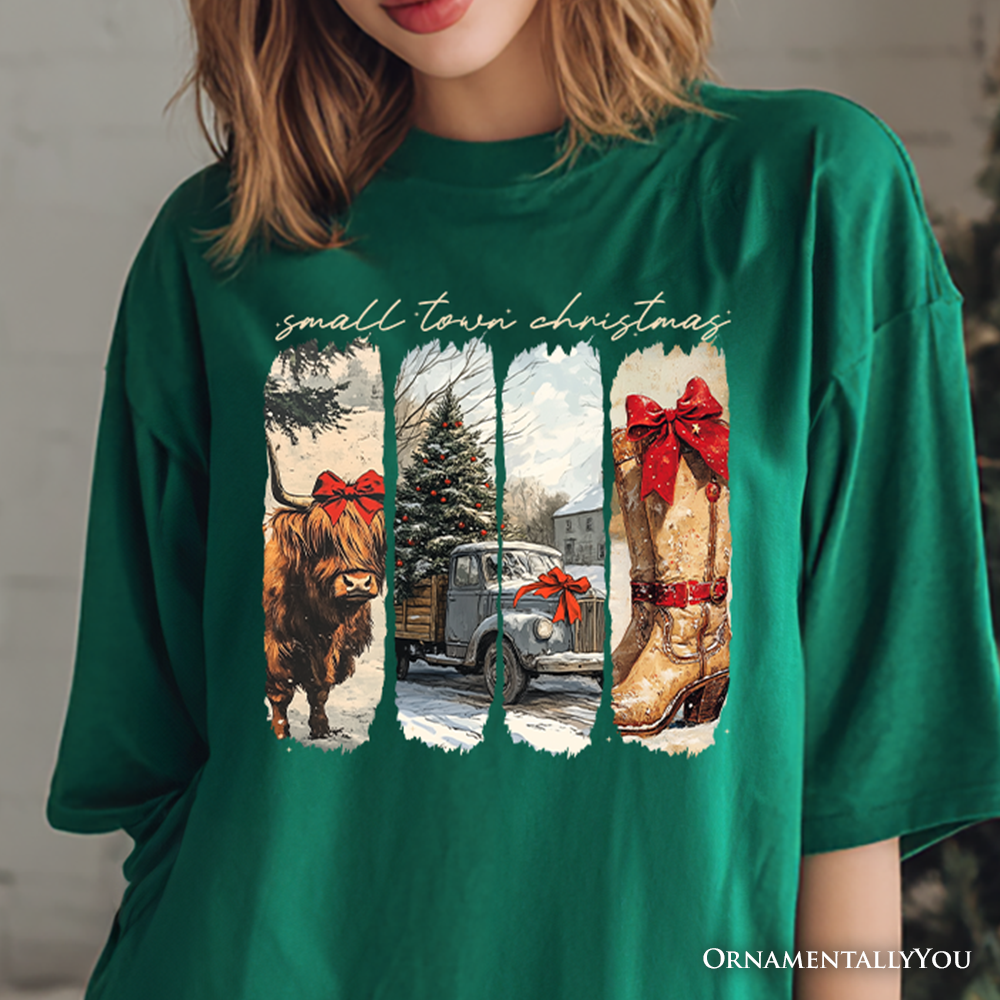 Small Town Christmas T‑Shirt, Highland Cow Rustic Western Cowgirl Holiday Tee
