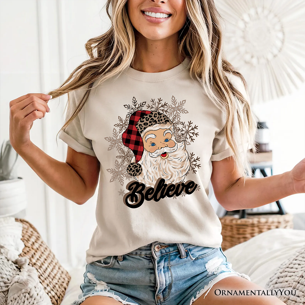 Believe Santa Buffalo Plaid T‑Shirt, Retro Christmas Tee