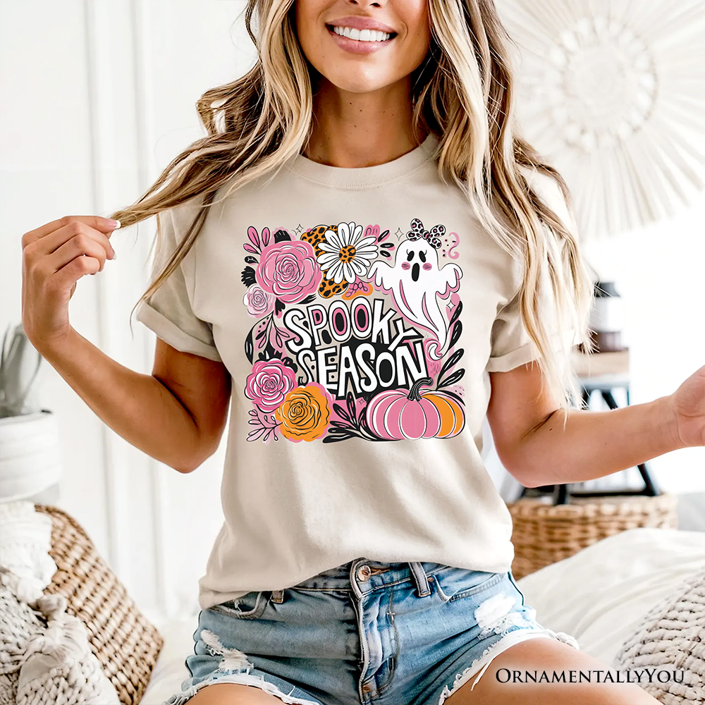 Boho Spooky Season Ghost T-Shirt, Cute Halloween Tee with Fall Pumpkins