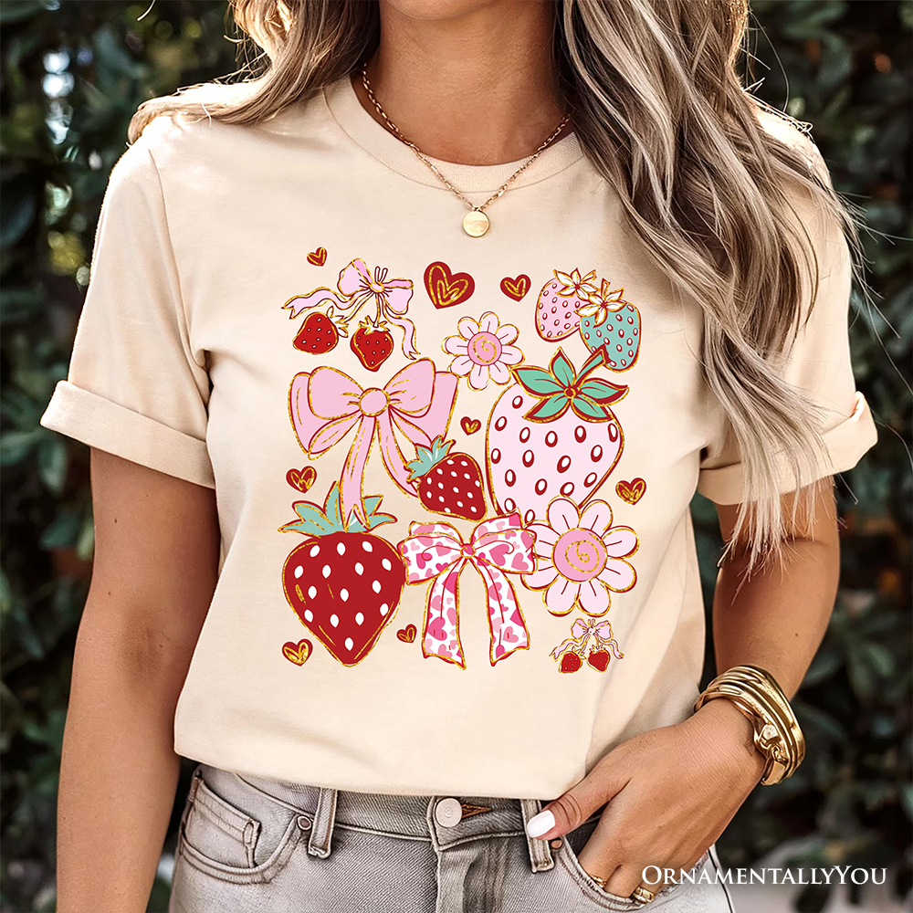 Boho Strawberry Coquette T-Shirt, Cute Bow and Floral White and Natural Tee for Sweet and Stylish Women