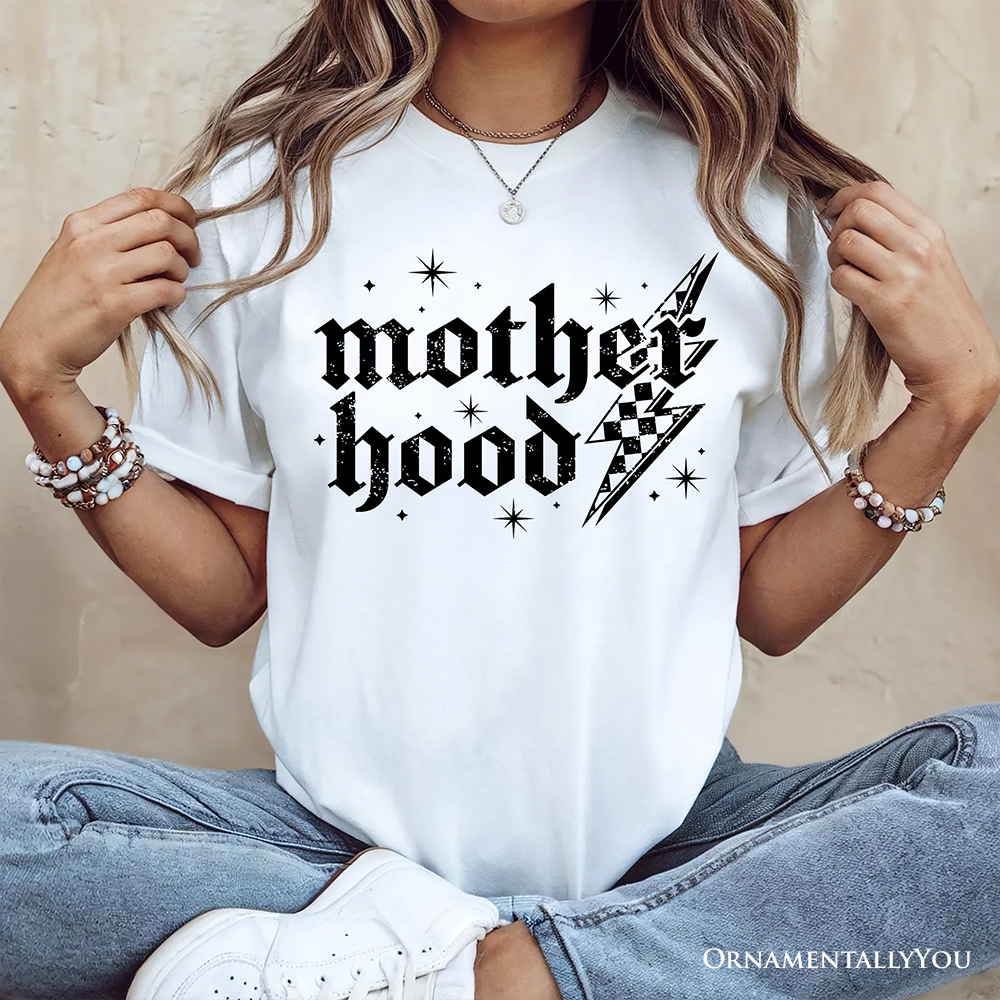 Checkered Motherhood Lightning T-Shirt, Black and White Retro Tee for Strong Mothers