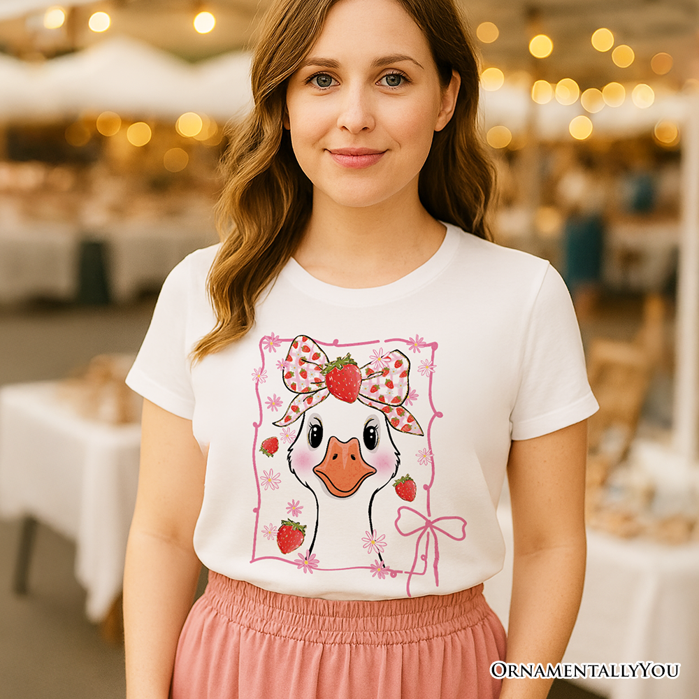 Coquette Goose with Strawberry Bow T-Shirt, Navy, Black and White Cute Tee