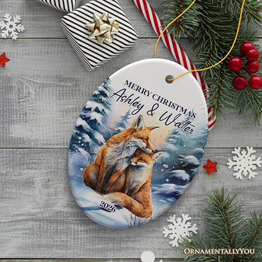 Couple Fox Personalized Ornament, Enchanted Winter Frost Christmas Gift With Custom Names and Date