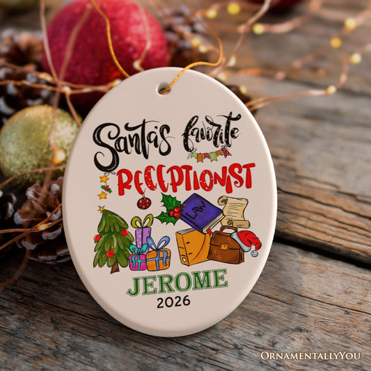 Festive & Unique Santa’s Favorite Receptionist Personalized Christmas Ornament, Hospitality Worker or Secretary Appreciation Gift