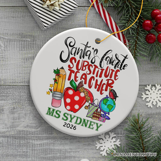 Heartfelt Santa's Favorite Substitute Teacher Personalized Christmas Ornament, School Professor Appreciation Custom Gift