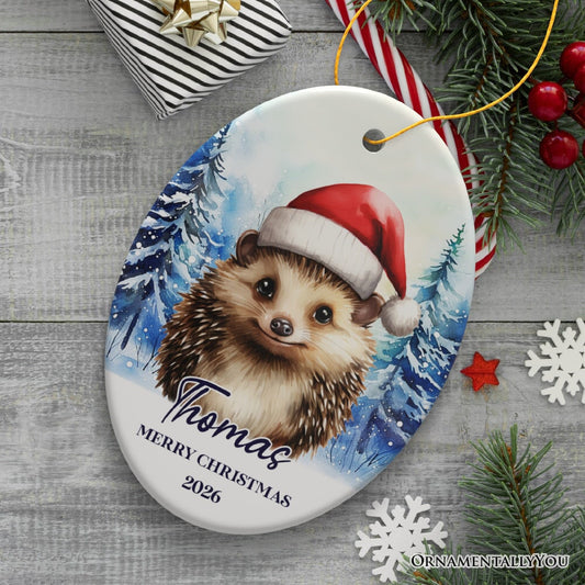 Hedgehog with Santa Hat Personalized Ornament, Winter Forest Christmas Gift With Custom Name and Date