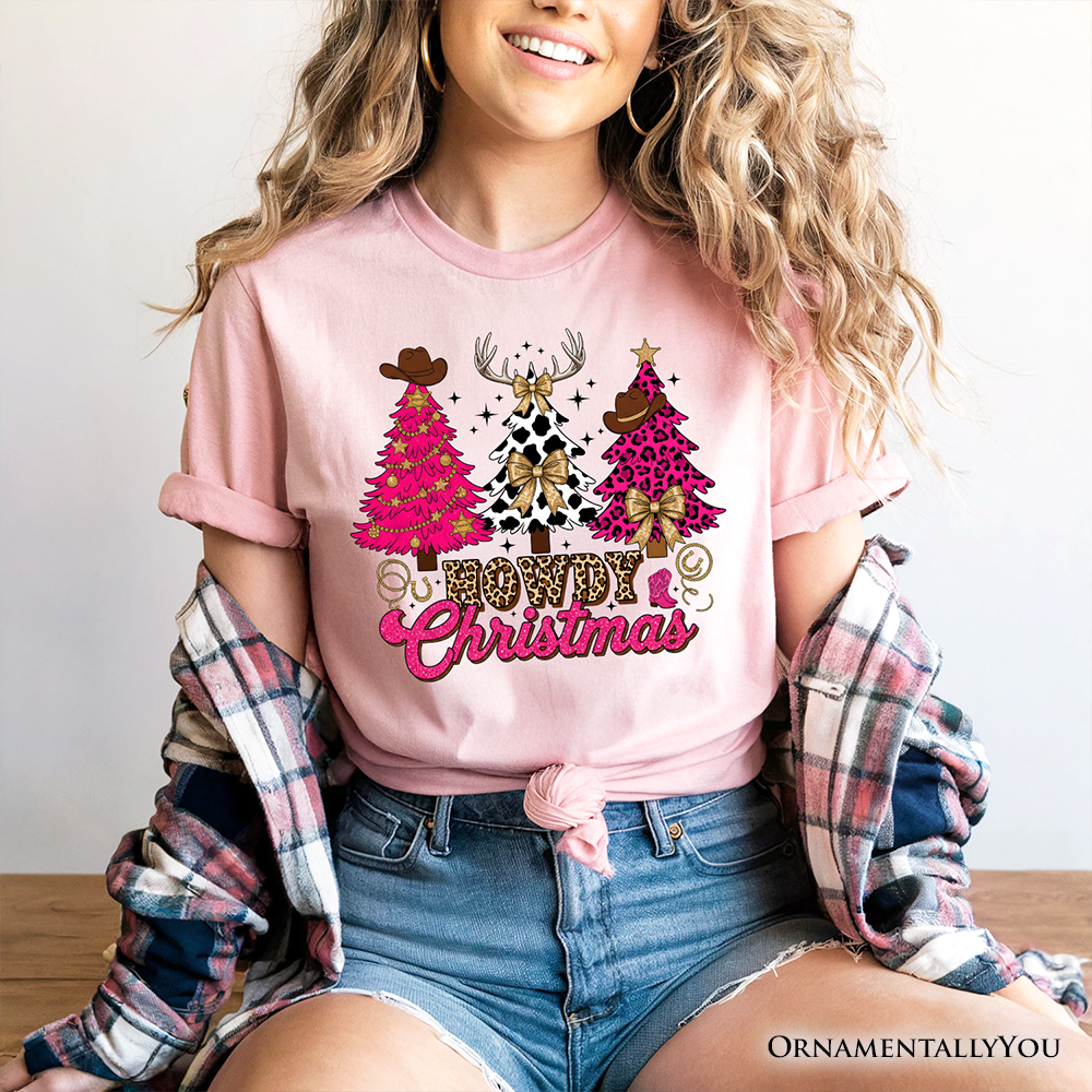 Howdy Pink Christmas Western Christmas T-Shirt, Leopard Print Retro Holiday Tee