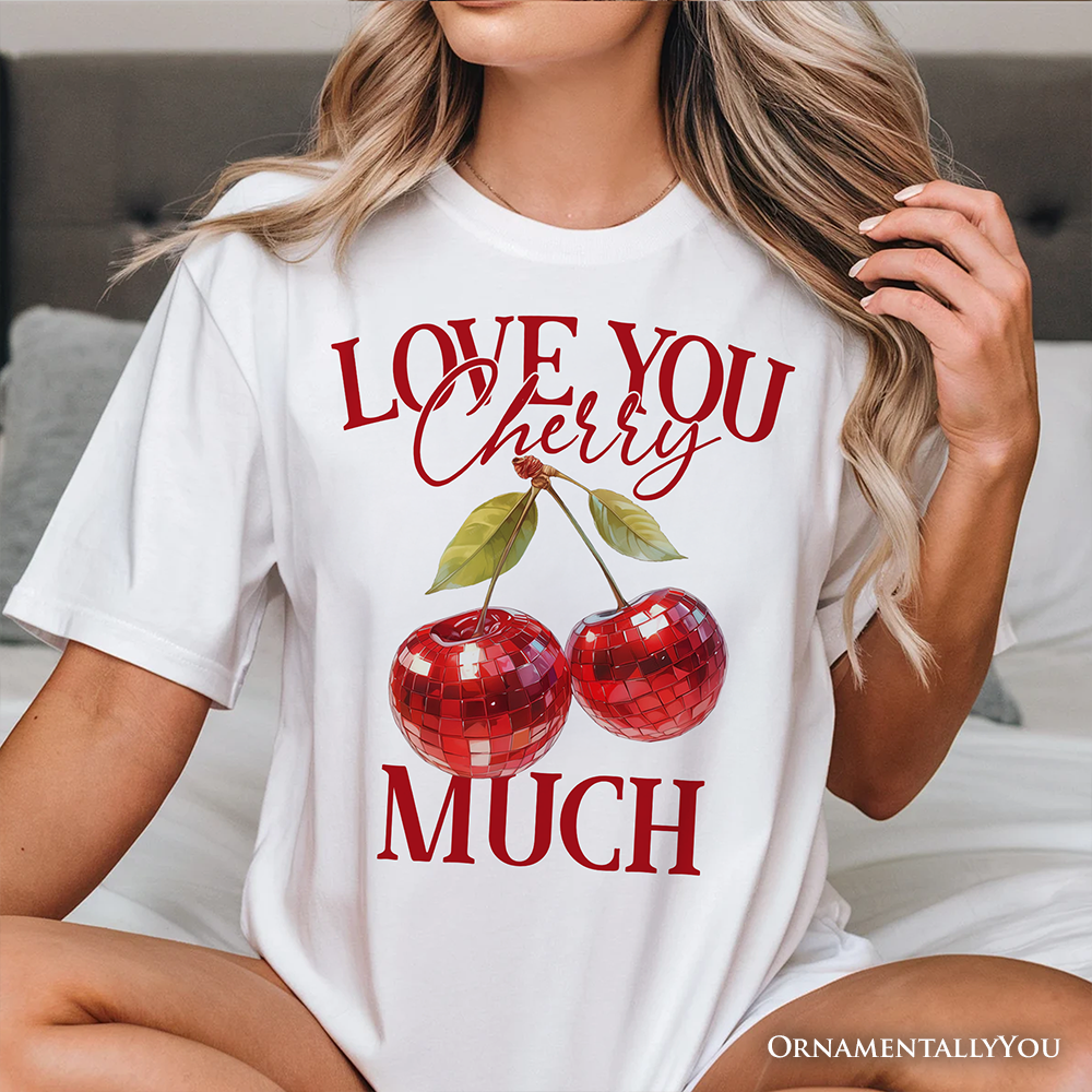 Love You Cherry Much T-Shirt, Retro Disco White Tee for Fun Women