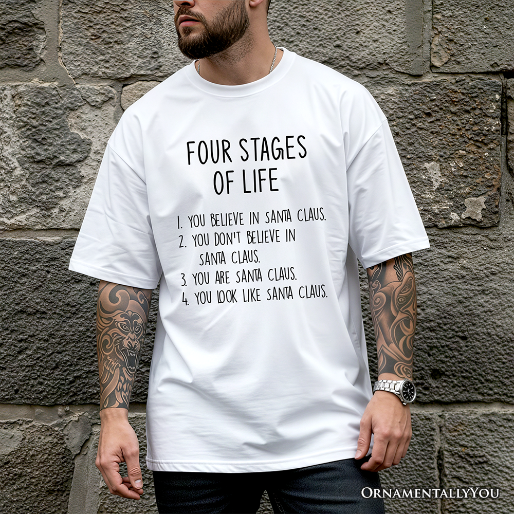 Men’s Four Stages of Life Santa Claus T-Shirt, Holiday Humor Christmas Text Tee