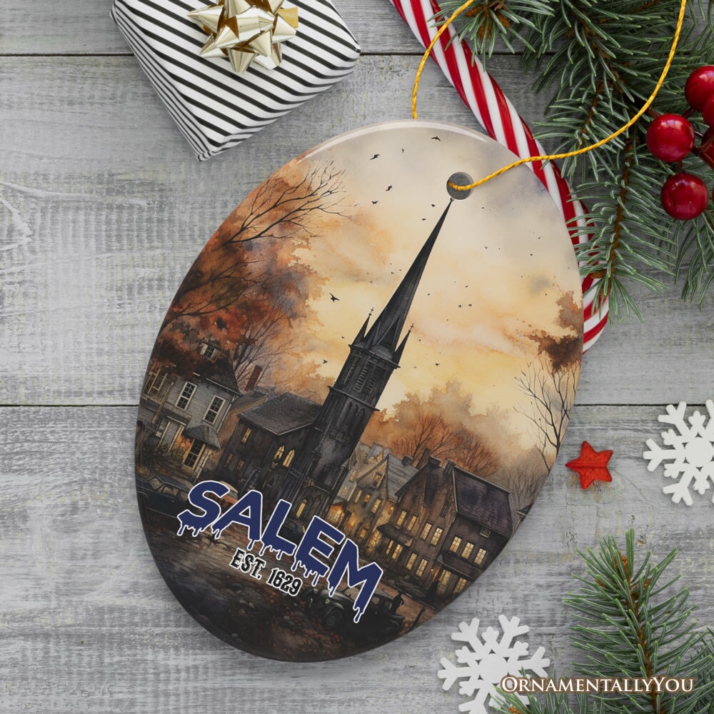 Mysterious Salem Watercolor Fall Art Ornament, Massachusetts Souvenir and Gift