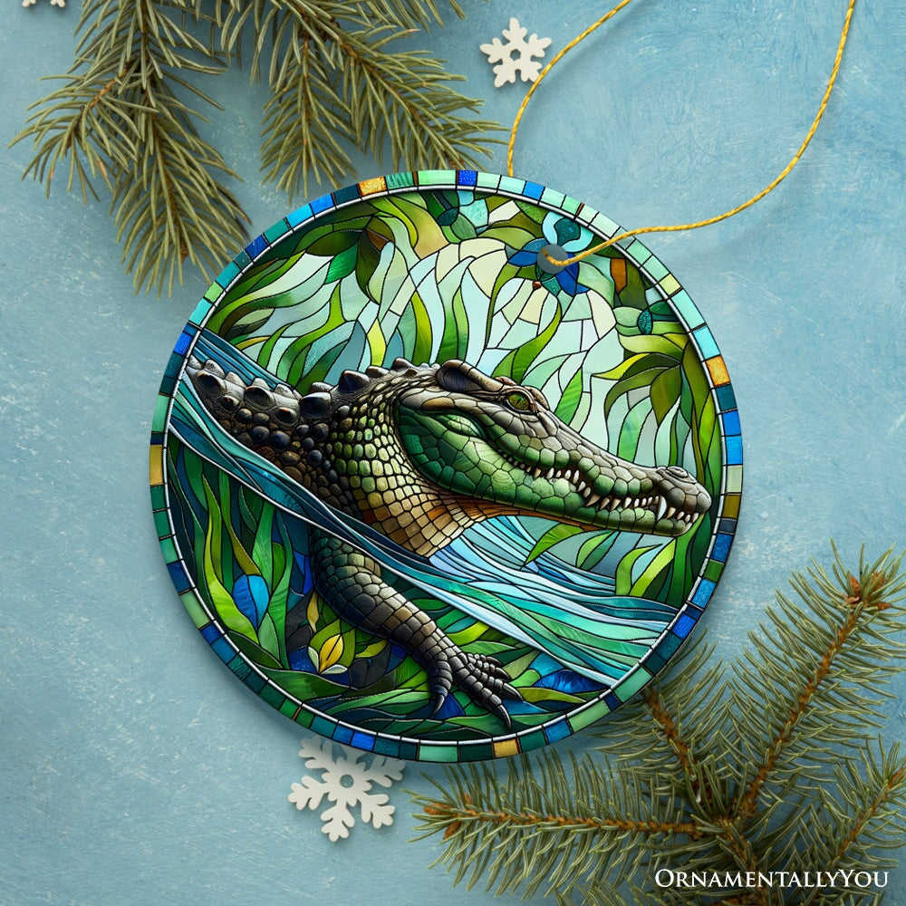 Nile Crocodile Stained Glass Style Ceramic Ornament, African Animals Christmas Gift and Decor