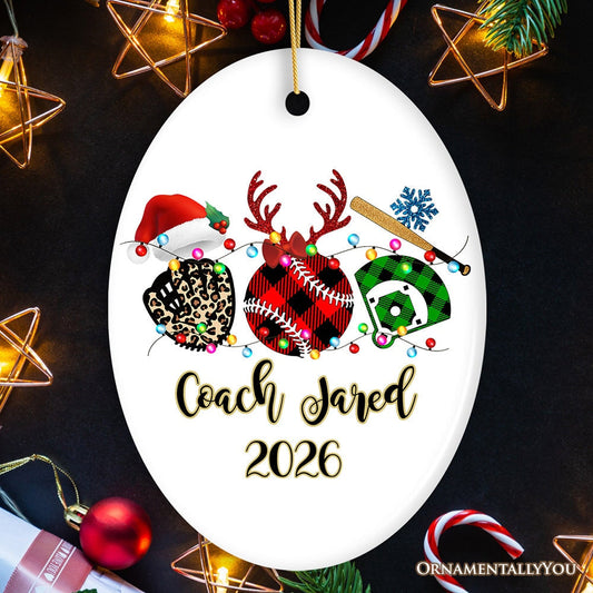 Personalized Baseball Buffalo Plaid Leopard Merry Christmas Ornament, Team and Coaches Gift