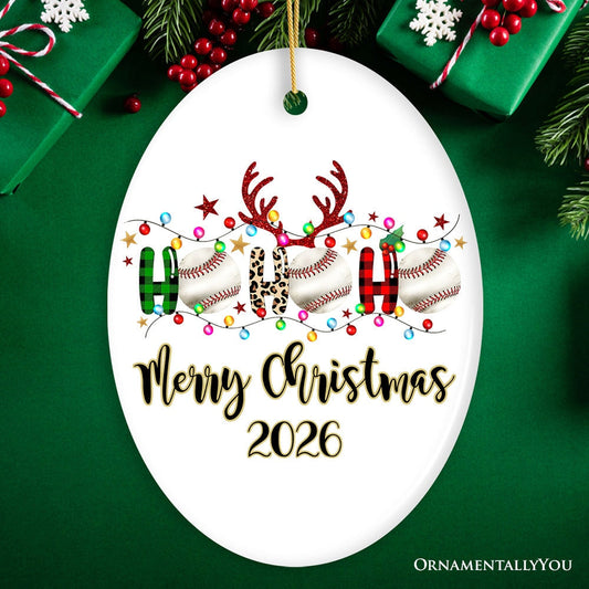 Personalized Baseball Buffalo Plaid and Leopard Christmas Ornament, Ho Ho Ho Football Gift