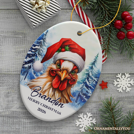 Rooster with Santa Hat Personalized Ornament Winter Forest Christmas Gift With Custom Name and Date